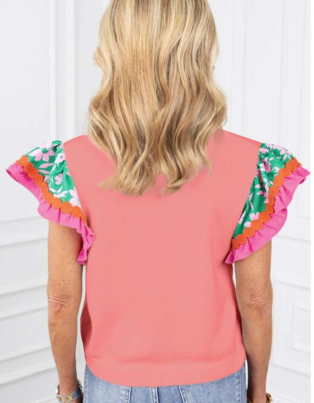 Peach Blossom Contrast Ricrac Floral Sleeve Top