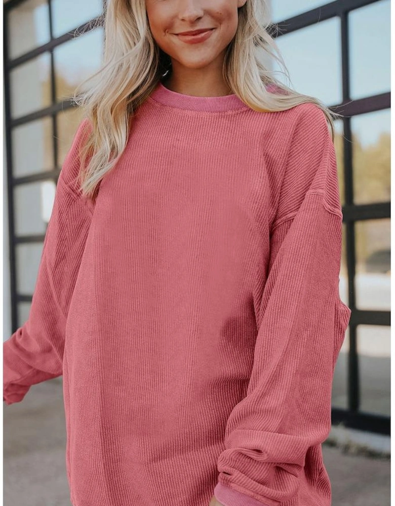 Strawberry Pink Ribbed Corded Oversized Sweatshirt