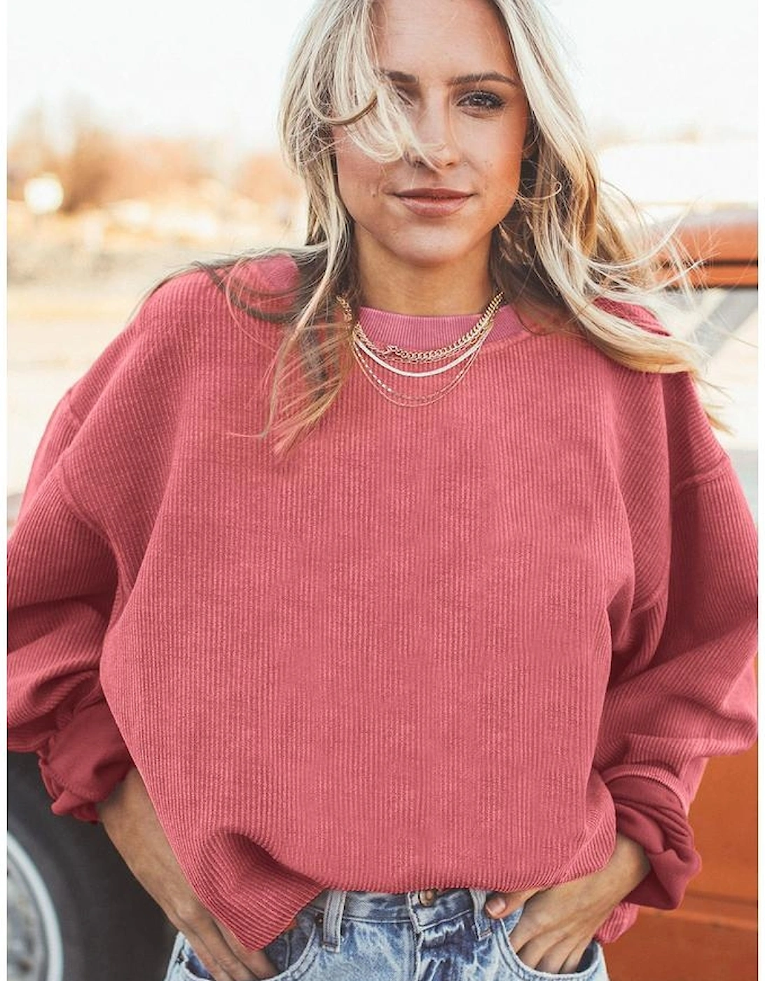 Strawberry Pink Ribbed Corded Oversized Sweatshirt