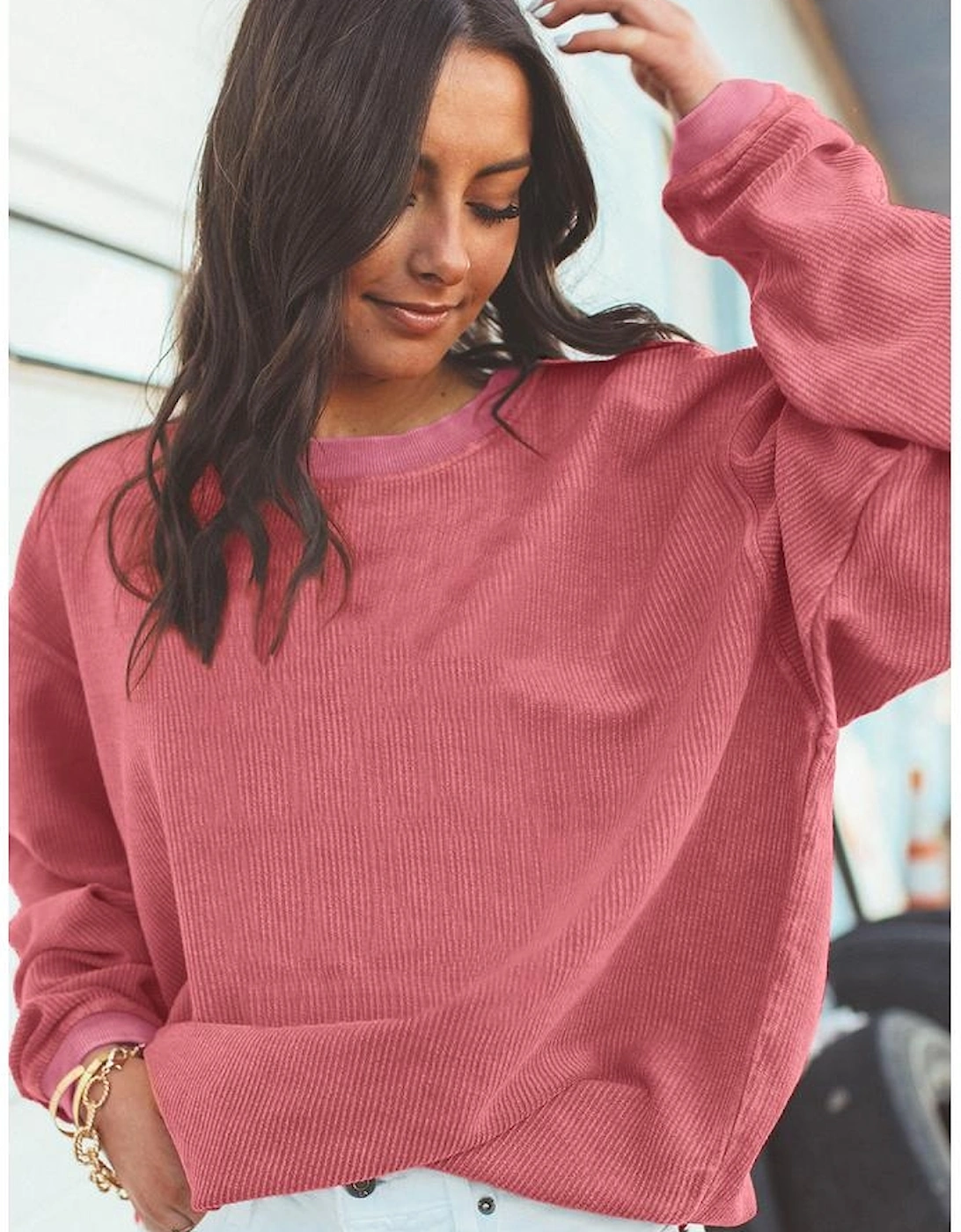 Strawberry Pink Ribbed Corded Oversized Sweatshirt