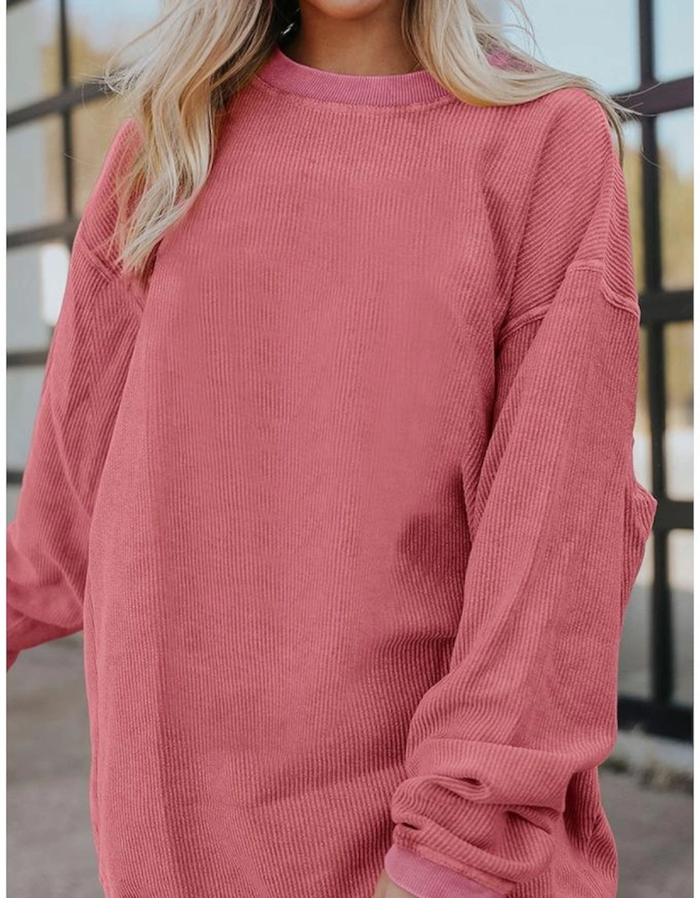 Strawberry Pink Ribbed Corded Oversized Sweatshirt