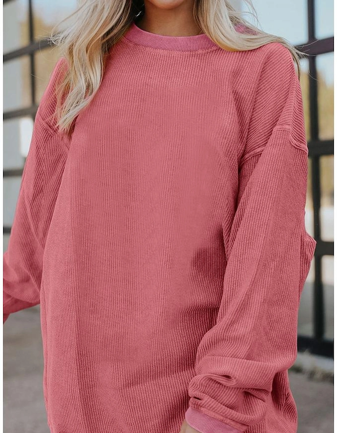 Strawberry Pink Ribbed Corded Oversized Sweatshirt