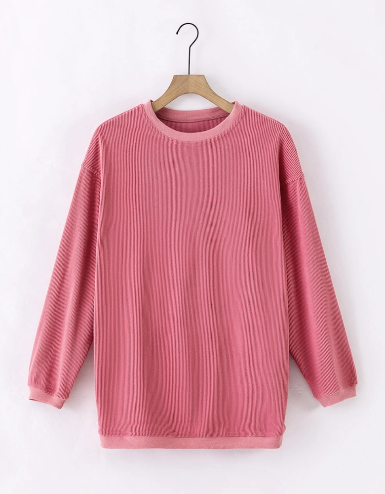 Strawberry Pink Ribbed Corded Oversized Sweatshirt