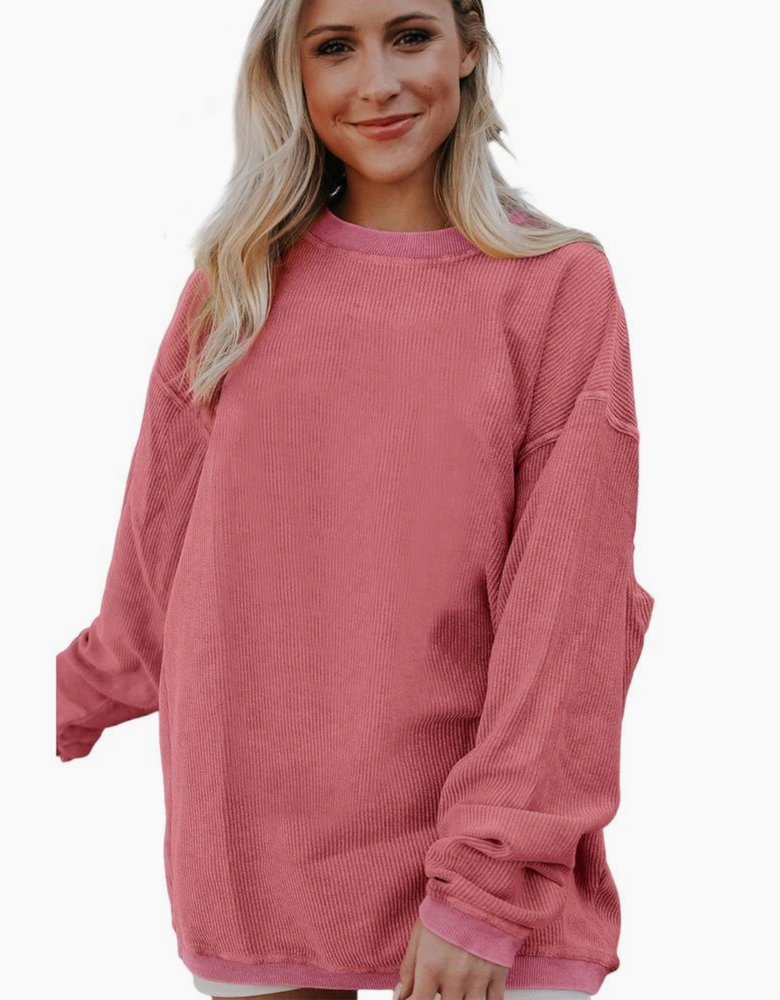 Strawberry Pink Ribbed Corded Oversized Sweatshirt