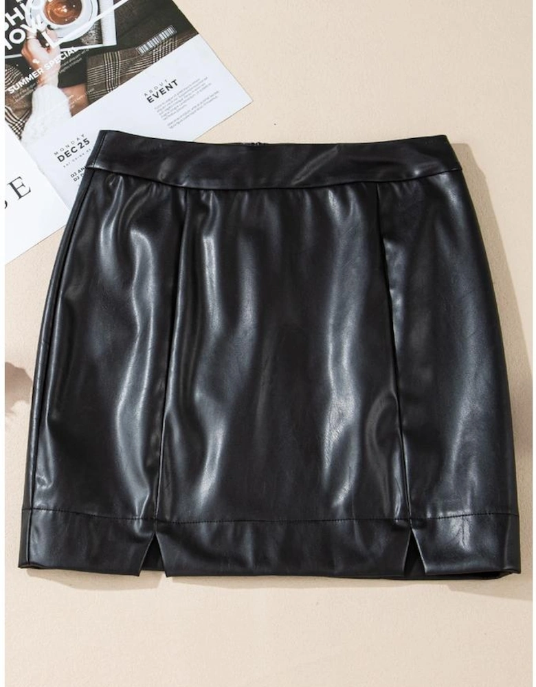 Black PU Leather Side Slits Slim Fit High Waist Mini Skirt