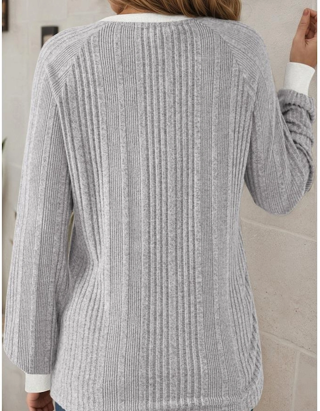 Gray Ribbed Contrast Cuffed Round Neck Long Sleeve T Shirt, 3 of 2