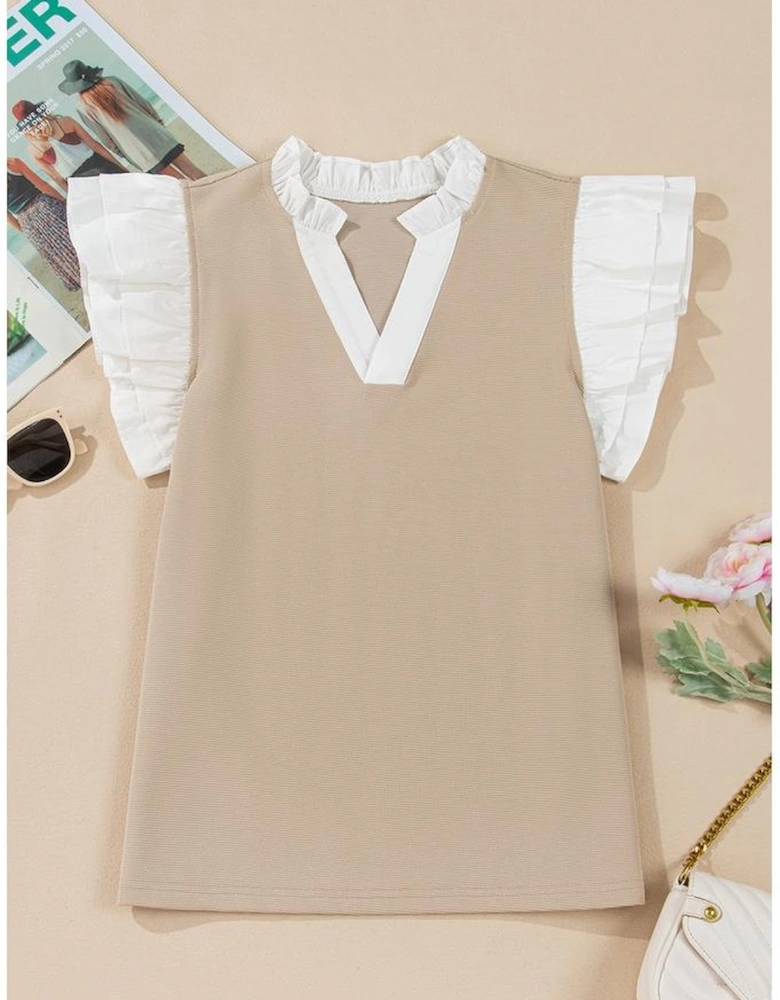 Pale Khaki Contrast V Neck Ruffled Textured Knit Top