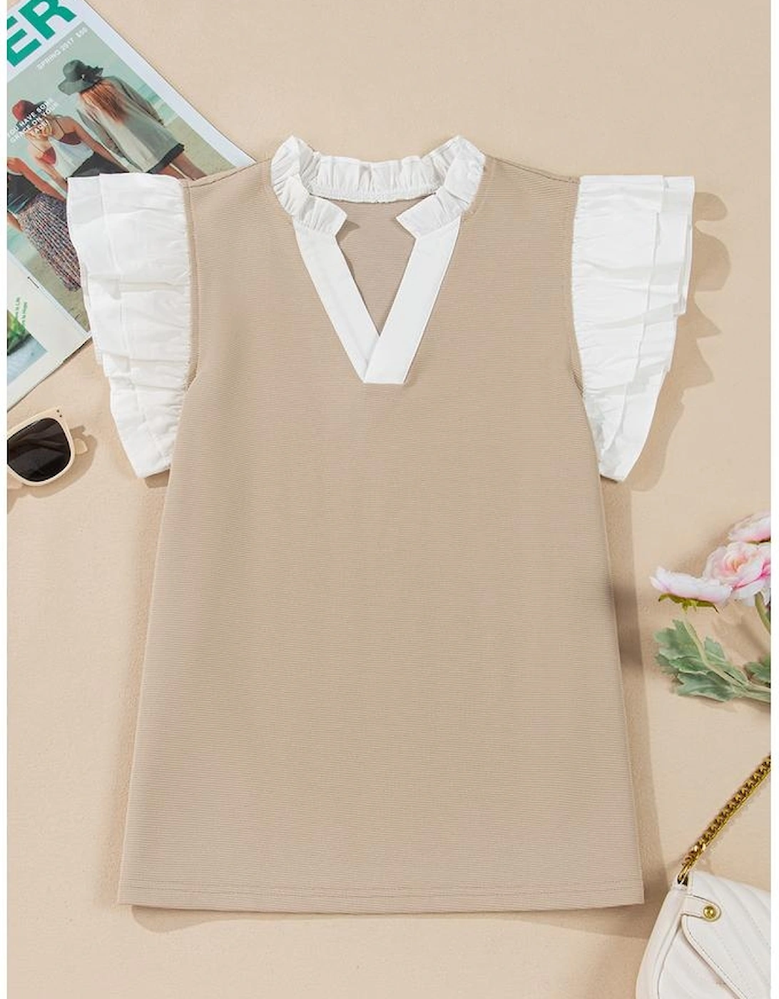 Pale Khaki Contrast V Neck Ruffled Textured Knit Top