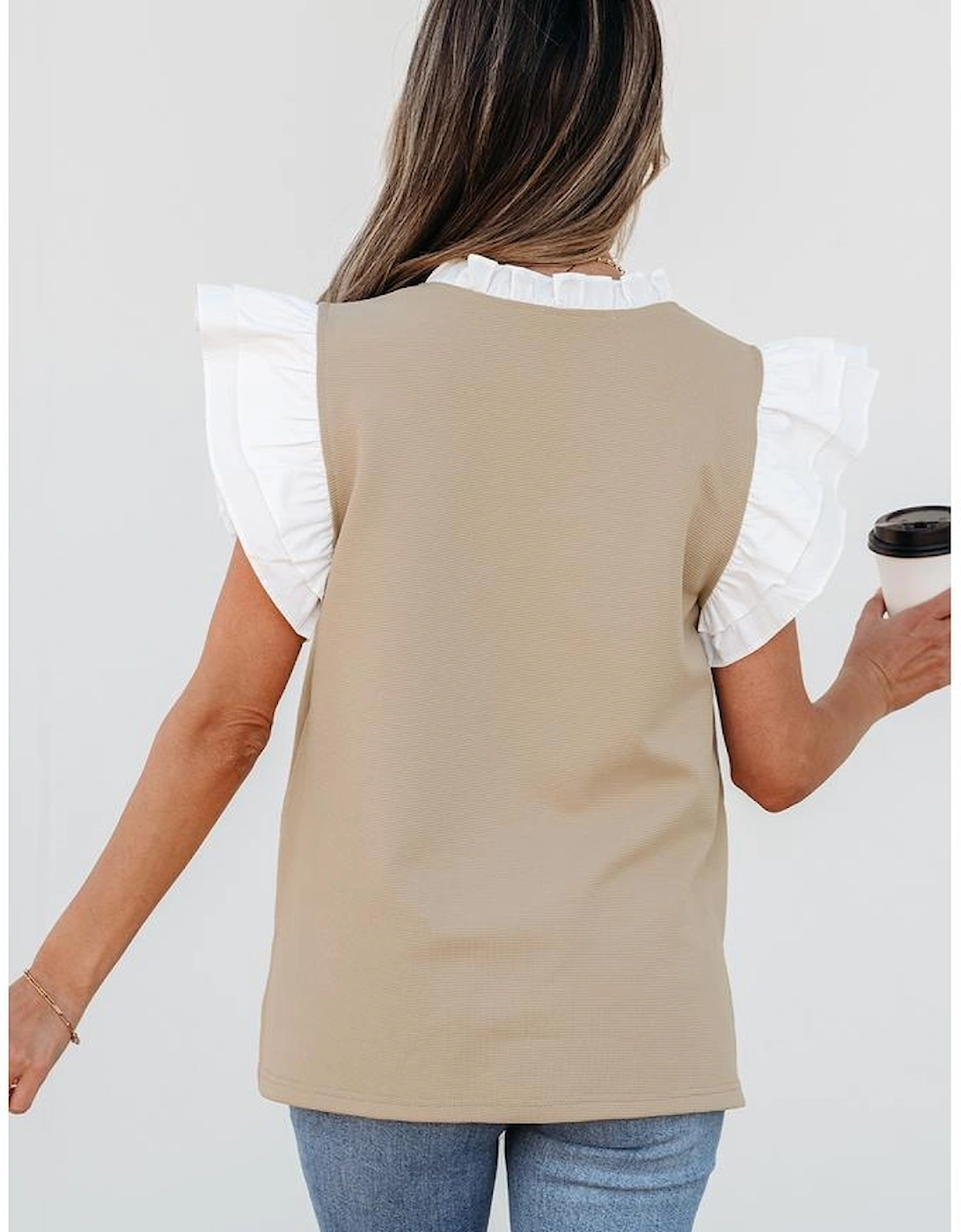 Pale Khaki Contrast V Neck Ruffled Textured Knit Top