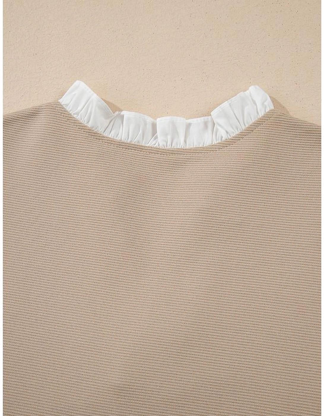 Pale Khaki Contrast V Neck Ruffled Textured Knit Top