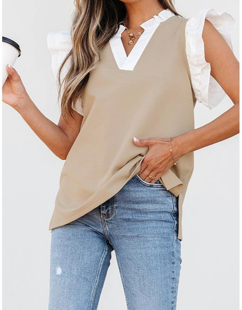 Pale Khaki Contrast V Neck Ruffled Textured Knit Top