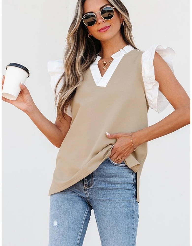 Pale Khaki Contrast V Neck Ruffled Textured Knit Top