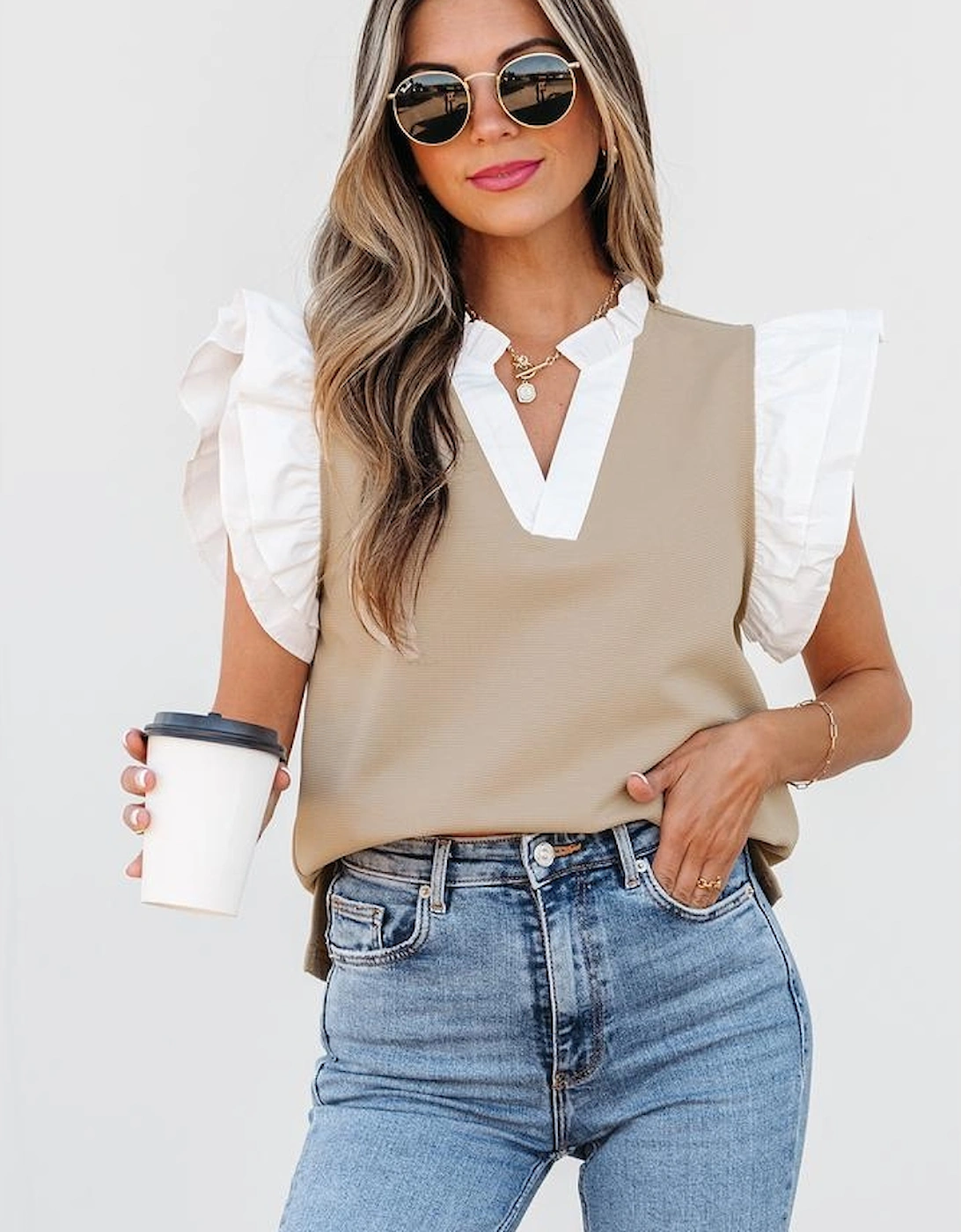 Pale Khaki Contrast V Neck Ruffled Textured Knit Top