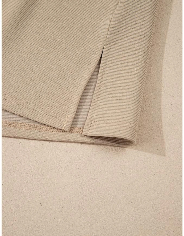 Pale Khaki Contrast V Neck Ruffled Textured Knit Top