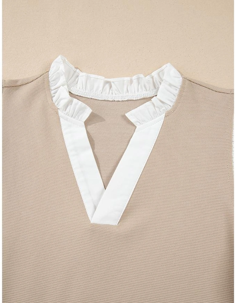 Pale Khaki Contrast V Neck Ruffled Textured Knit Top