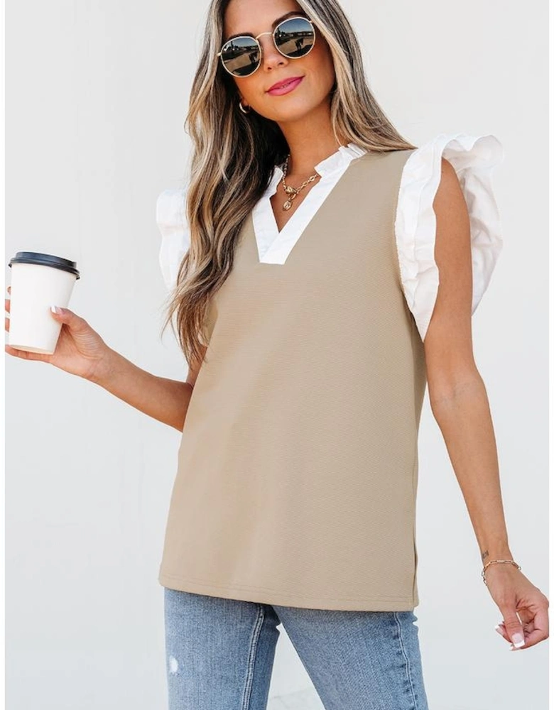 Pale Khaki Contrast V Neck Ruffled Textured Knit Top