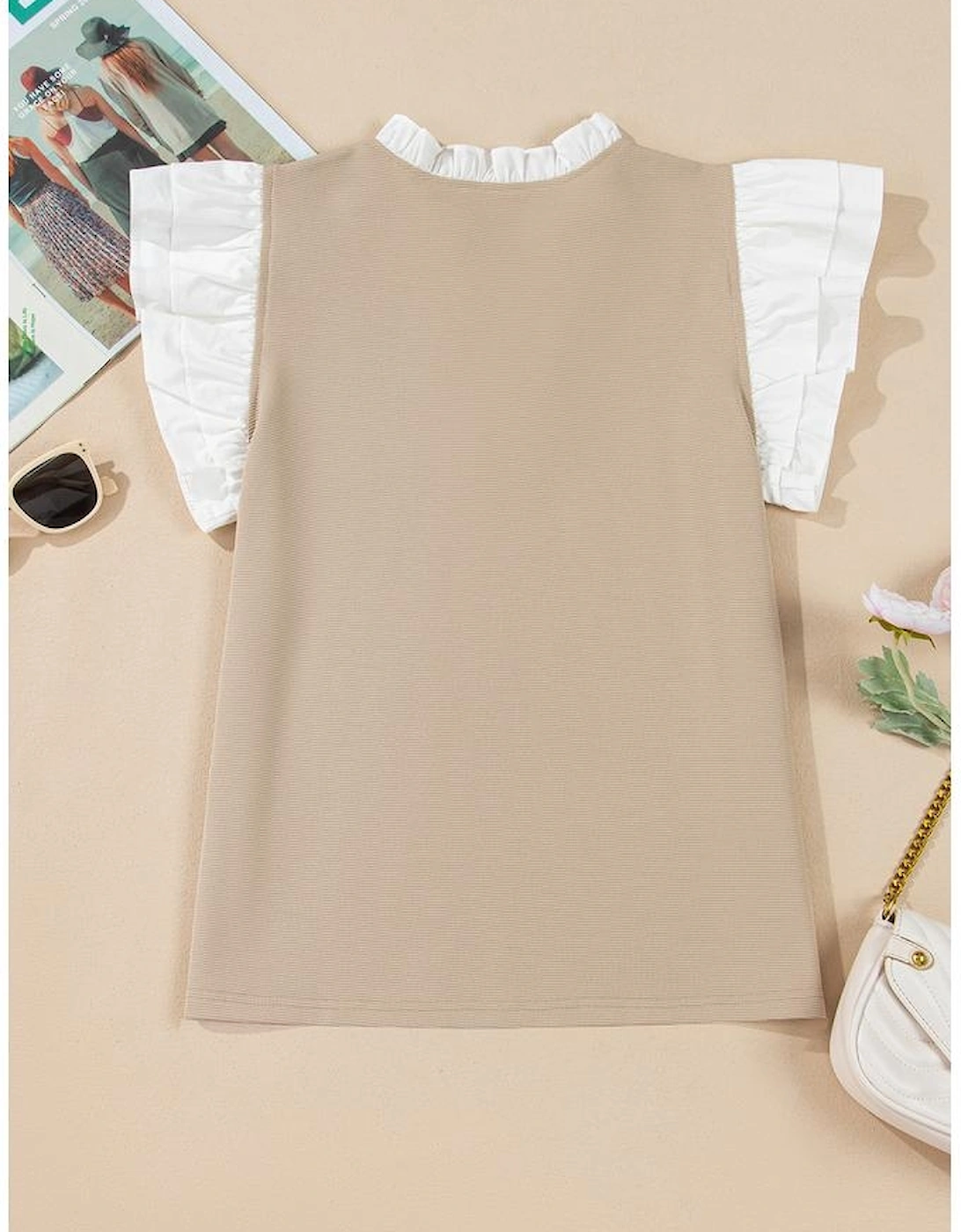 Pale Khaki Contrast V Neck Ruffled Textured Knit Top
