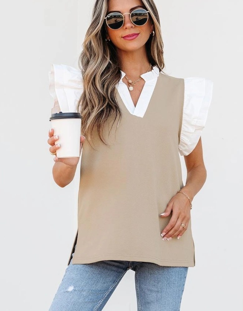 Pale Khaki Contrast V Neck Ruffled Textured Knit Top