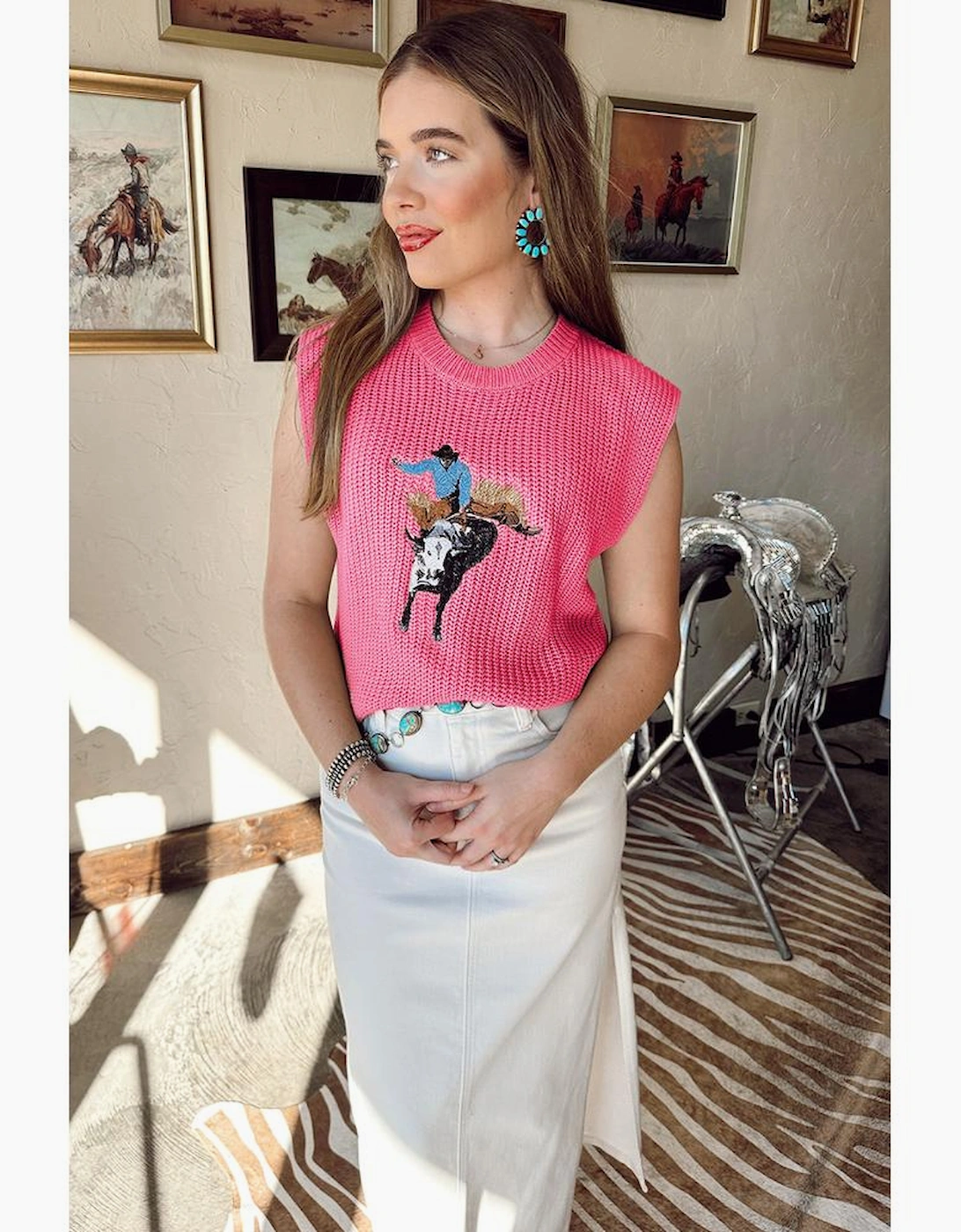 Bright Pink Western Cowboy Embroidery Round Neck Sleeveless Sweater
