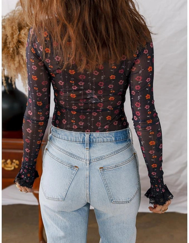 Black Floral Print Smocked Cuff Slim Fit Mesh Bodysuit