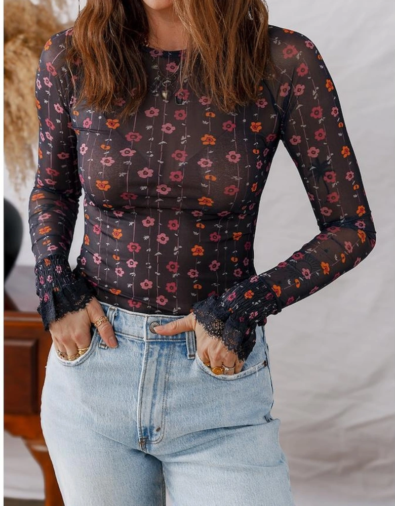 Black Floral Print Smocked Cuff Slim Fit Mesh Bodysuit