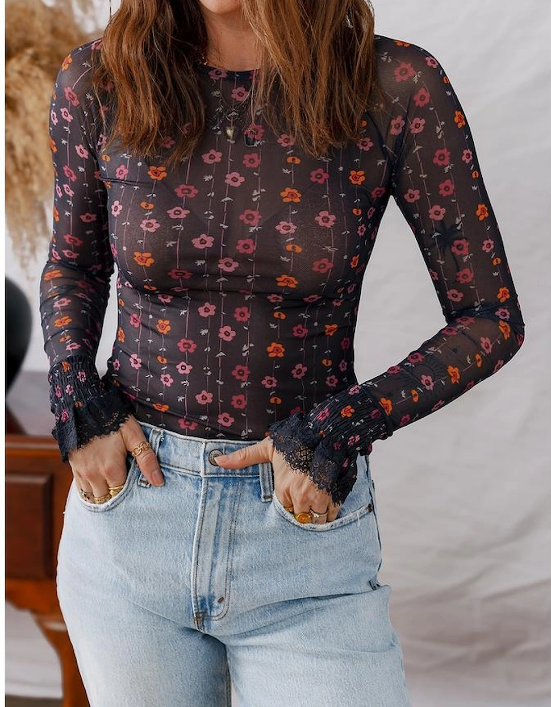 Black Floral Print Smocked Cuff Slim Fit Mesh Bodysuit