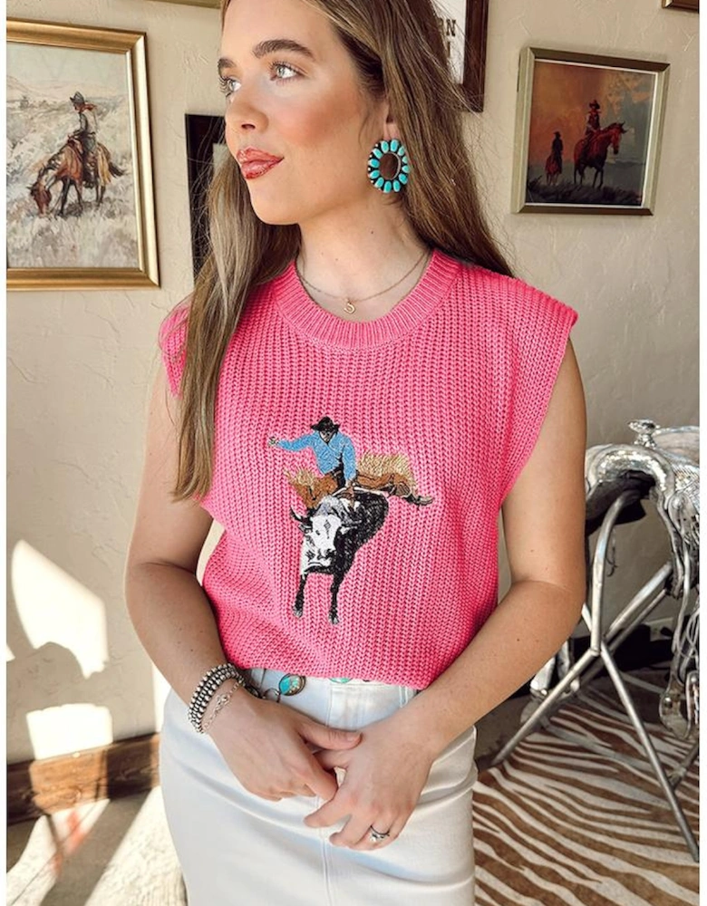 Bright Pink Western Cowboy Embroidery Round Neck Sleeveless Sweater