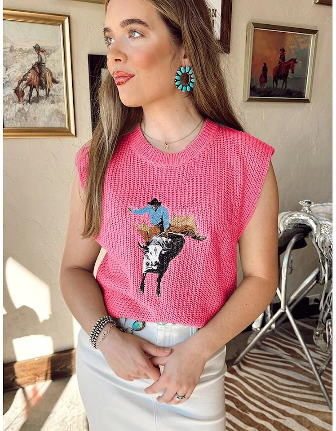 Bright Pink Western Cowboy Embroidery Round Neck Sleeveless Sweater, 5 of 4