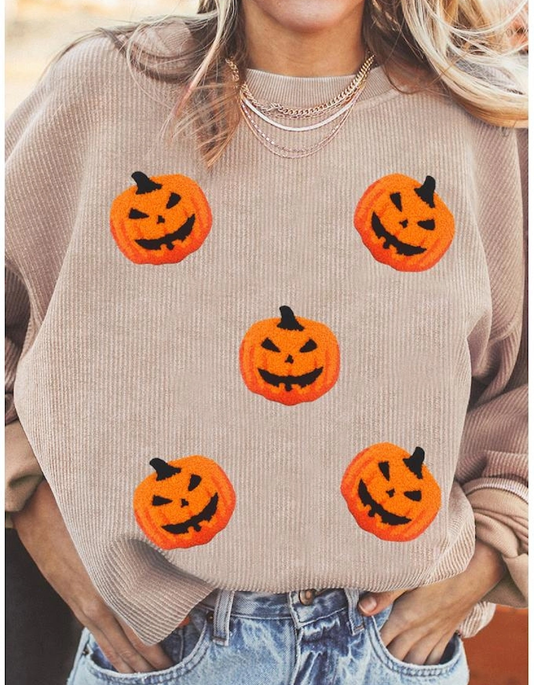Apricot Twisted Rib Texture Chenille Halloween Pumpkin Patched Drop Shoulder Sweatshirt