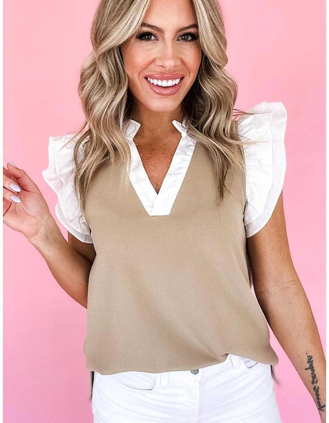 Pale Khaki Contrast V Neck Ruffled Textured Knit Top, 15 of 14