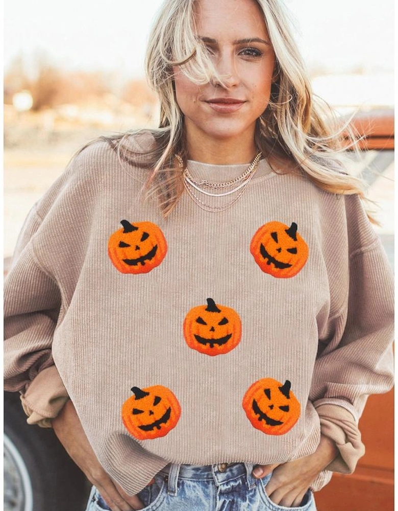 Apricot Twisted Rib Texture Chenille Halloween Pumpkin Patched Drop Shoulder Sweatshirt