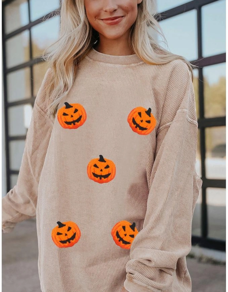 Apricot Twisted Rib Texture Chenille Halloween Pumpkin Patched Drop Shoulder Sweatshirt