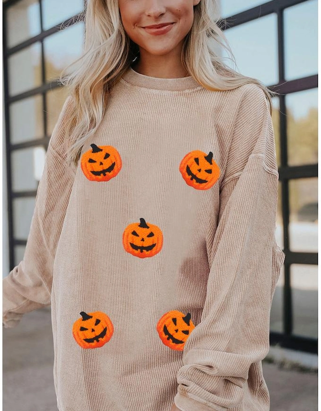 Apricot Twisted Rib Texture Chenille Halloween Pumpkin Patched Drop Shoulder Sweatshirt, 7 of 6