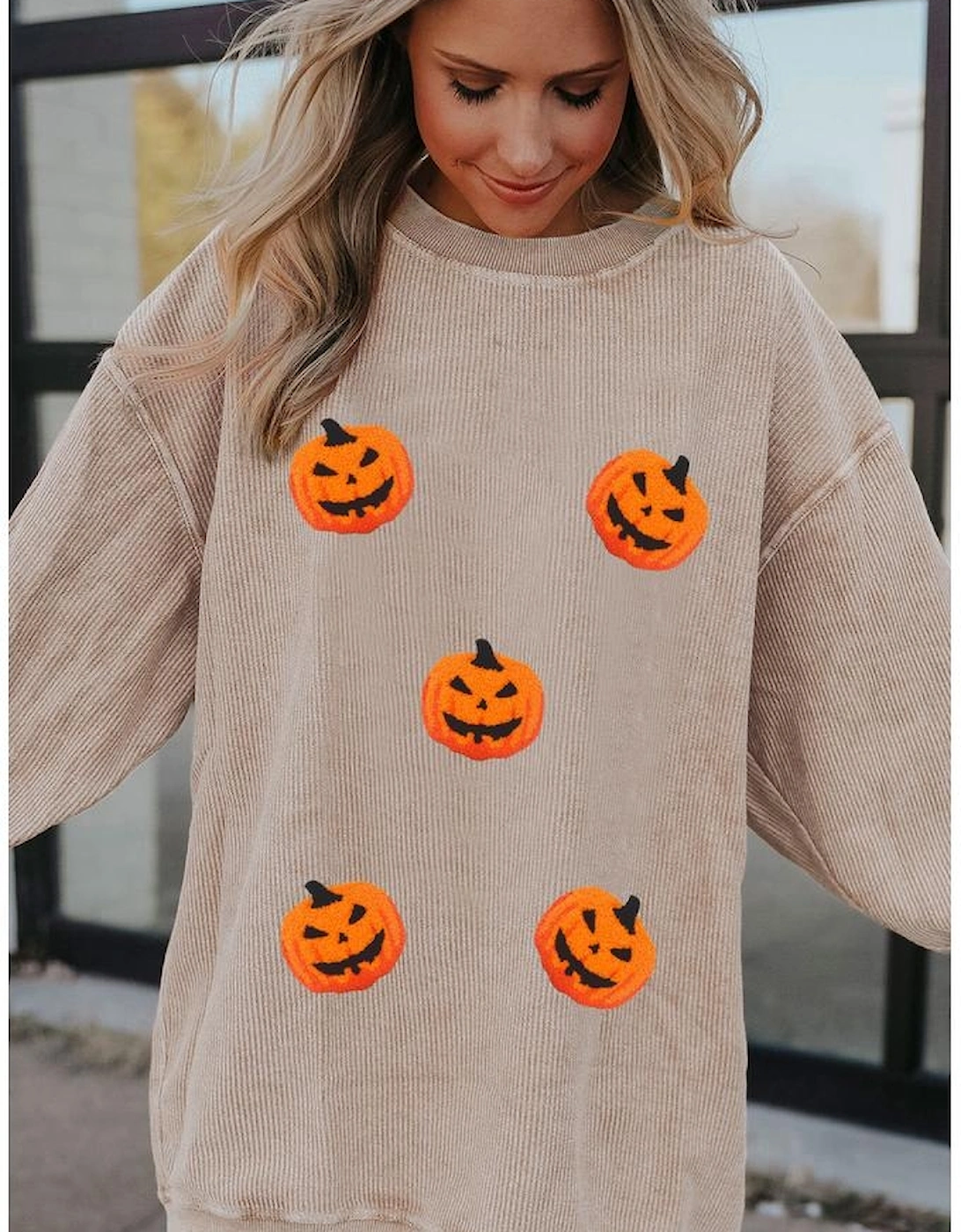 Apricot Twisted Rib Texture Chenille Halloween Pumpkin Patched Drop Shoulder Sweatshirt