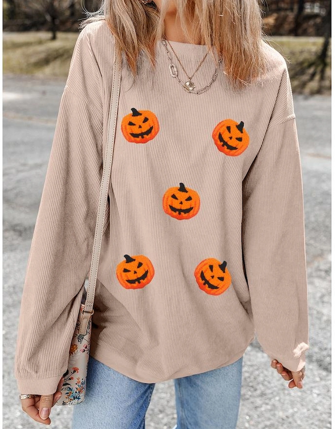 Apricot Twisted Rib Texture Chenille Halloween Pumpkin Patched Drop Shoulder Sweatshirt