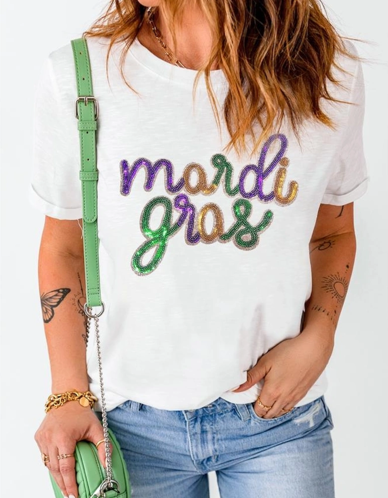 White Sequin mardi gras Graphic T Shirt