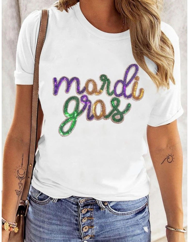 White Sequin mardi gras Graphic T Shirt
