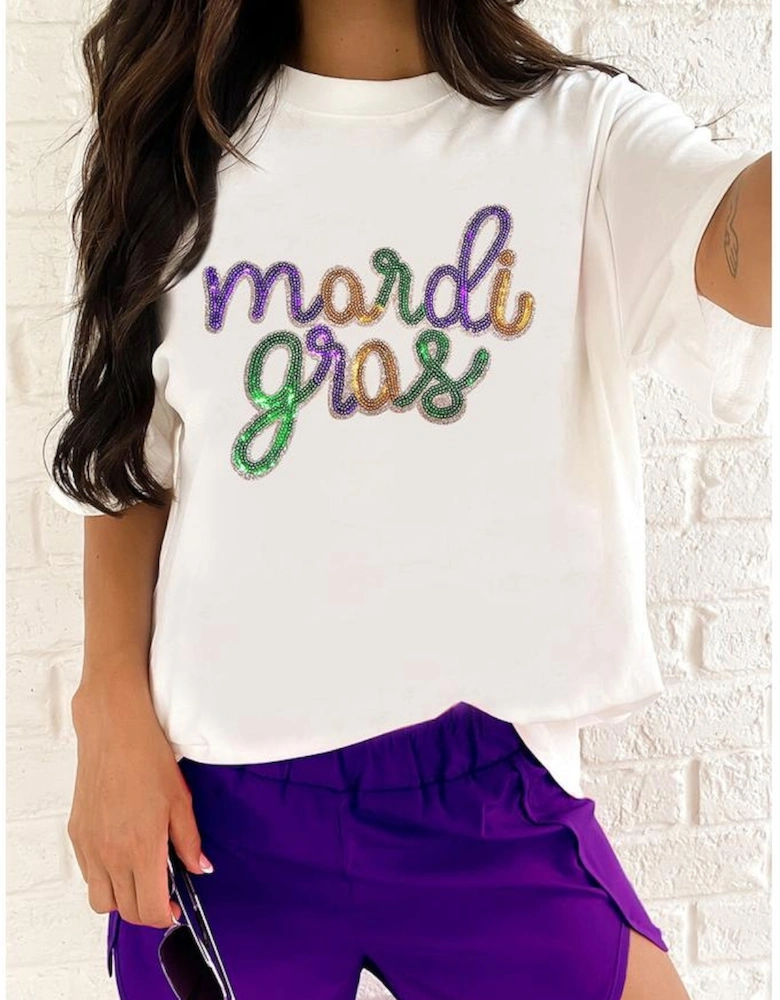 White Sequin mardi gras Graphic T Shirt