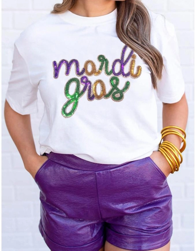 White Sequin mardi gras Graphic T Shirt