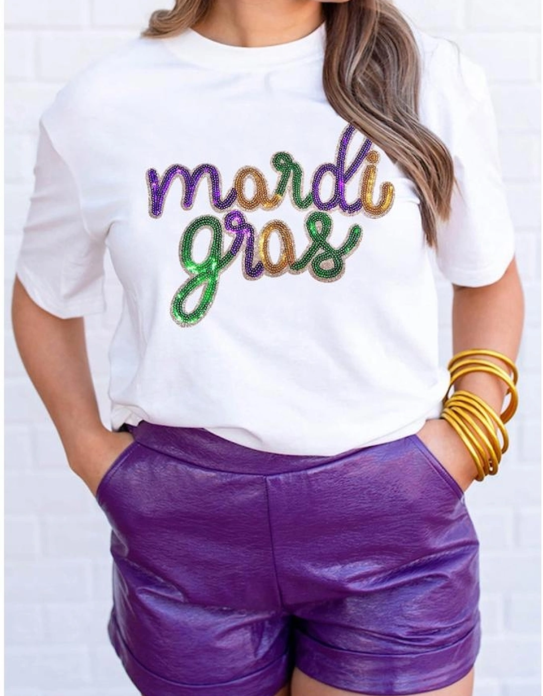 White Sequin mardi gras Graphic T Shirt