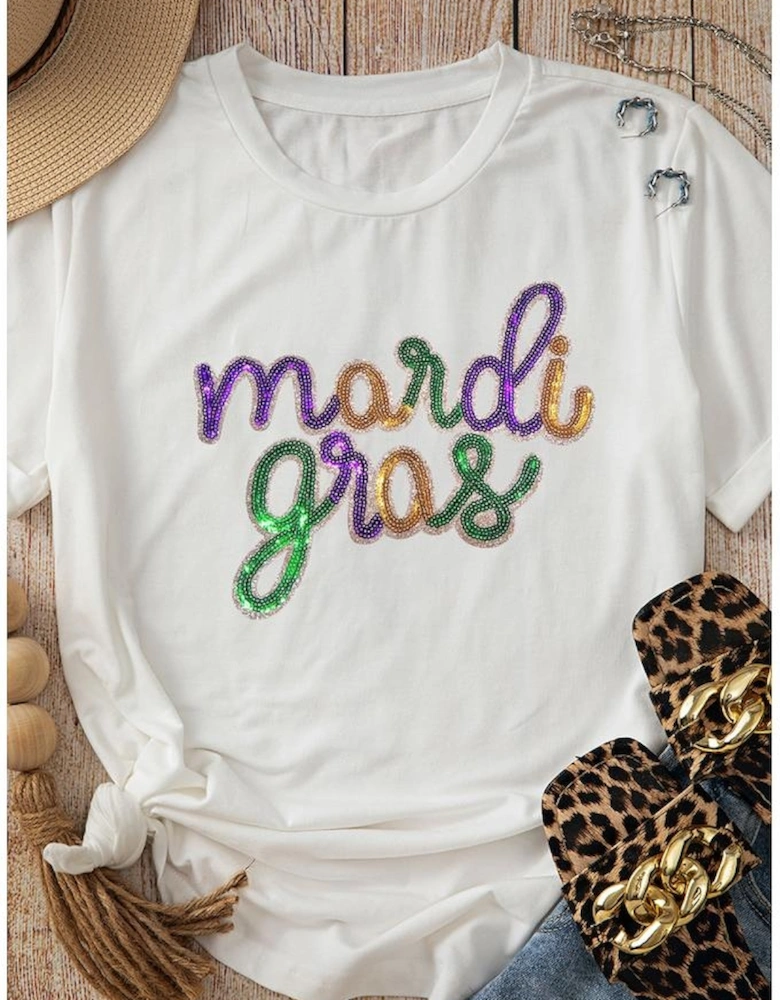 White Sequin mardi gras Graphic T Shirt