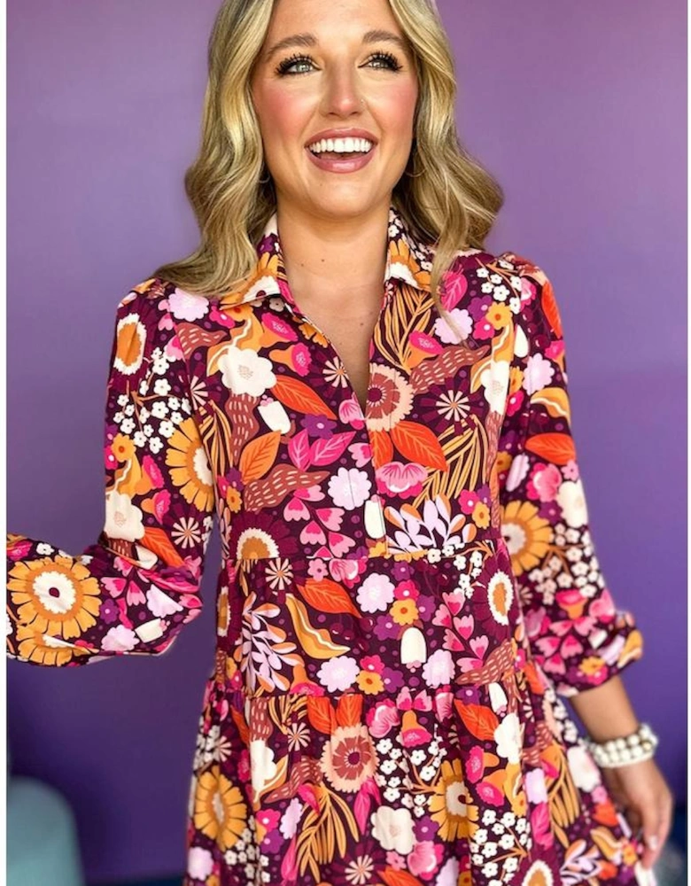 Purple Collared Tiered Flowy Long Dress