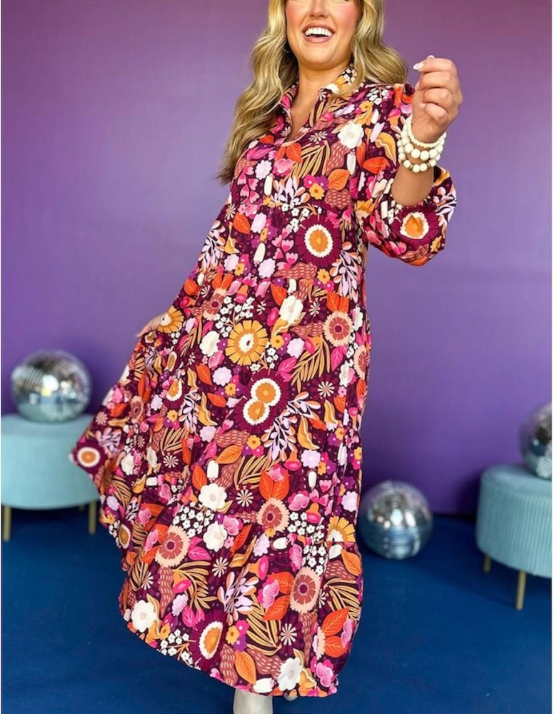 Purple Collared Tiered Flowy Long Dress