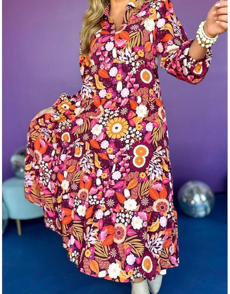 Purple Collared Tiered Flowy Long Dress