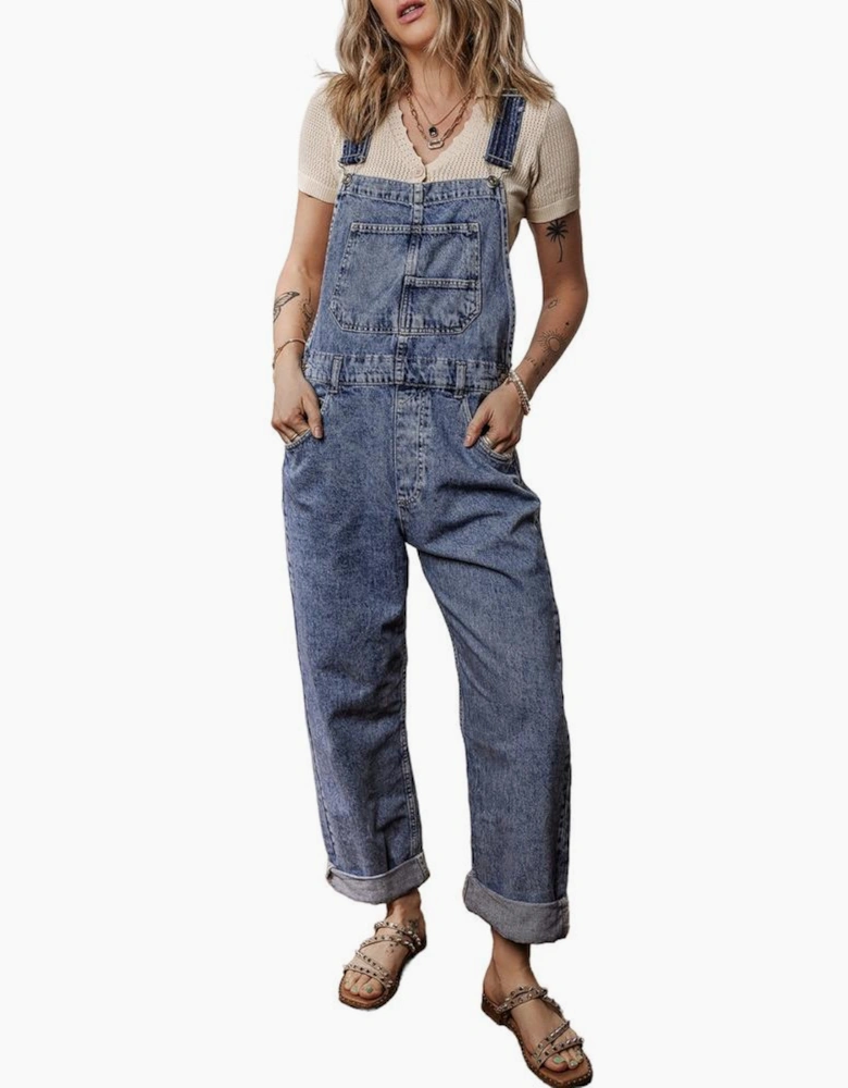 Sail Blue Denim Bib Straight Leg Jumpsuit with Pockets