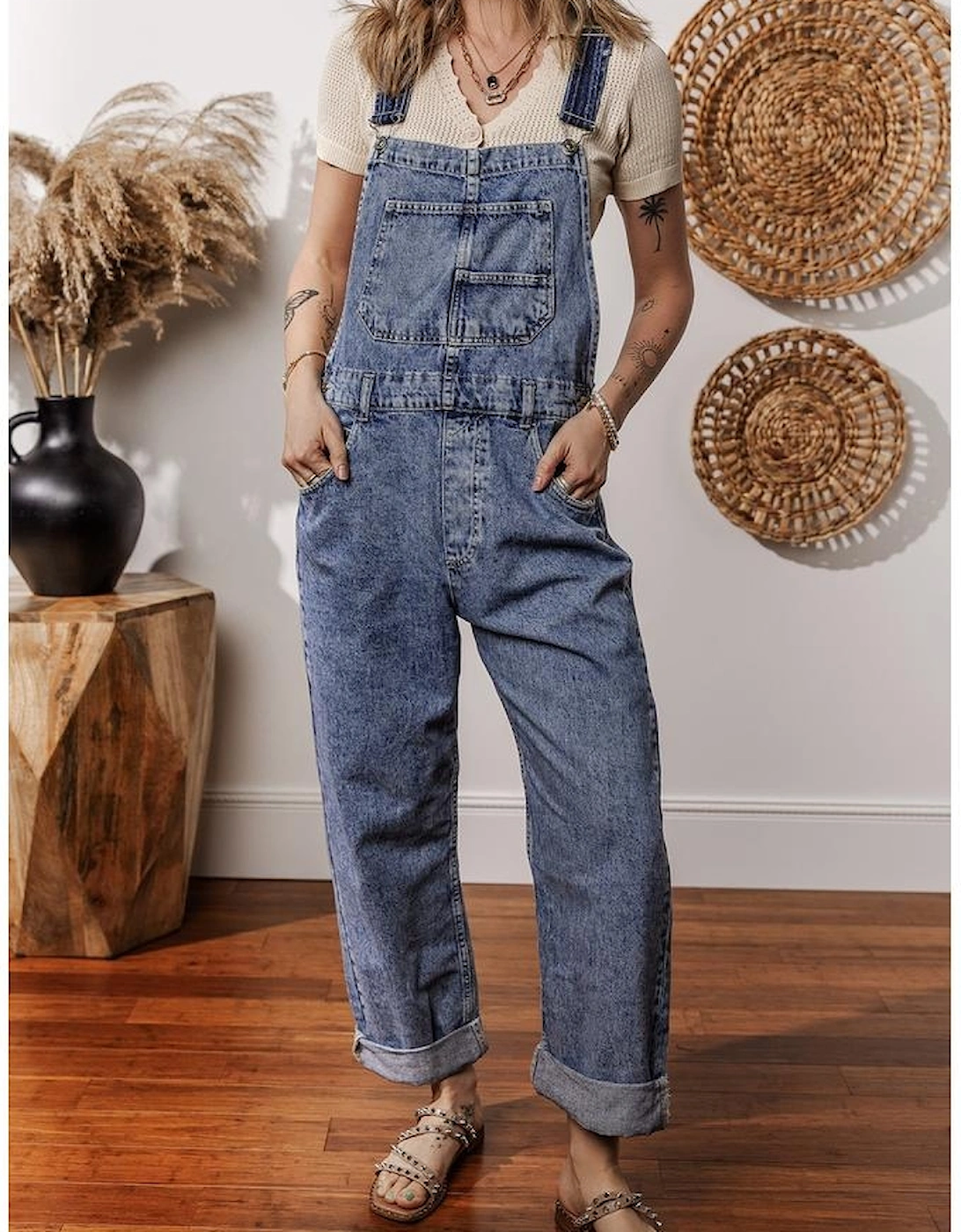 Sail Blue Denim Bib Straight Leg Jumpsuit with Pockets