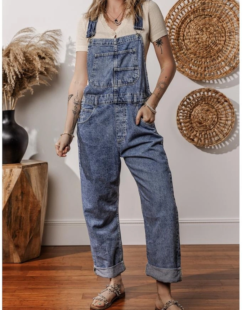 Sail Blue Denim Bib Straight Leg Jumpsuit with Pockets