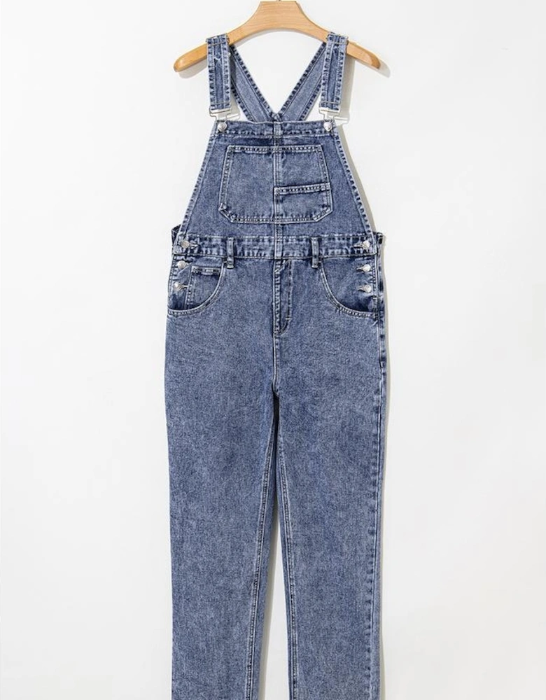 Sail Blue Denim Bib Straight Leg Jumpsuit with Pockets