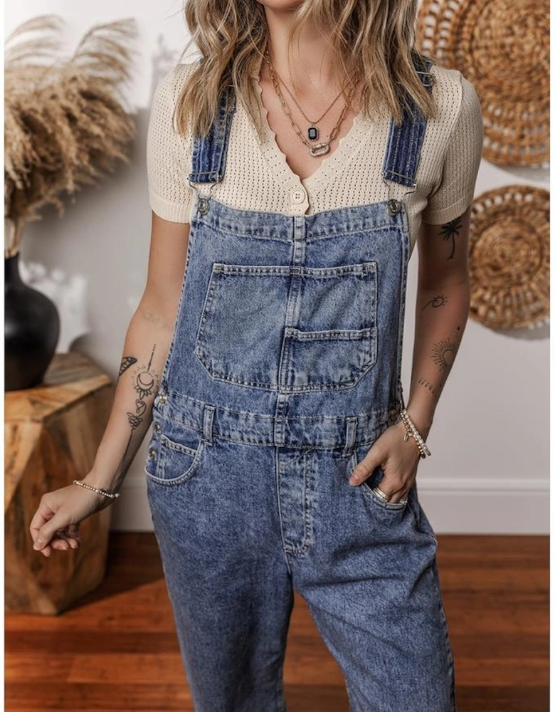 Sail Blue Denim Bib Straight Leg Jumpsuit with Pockets