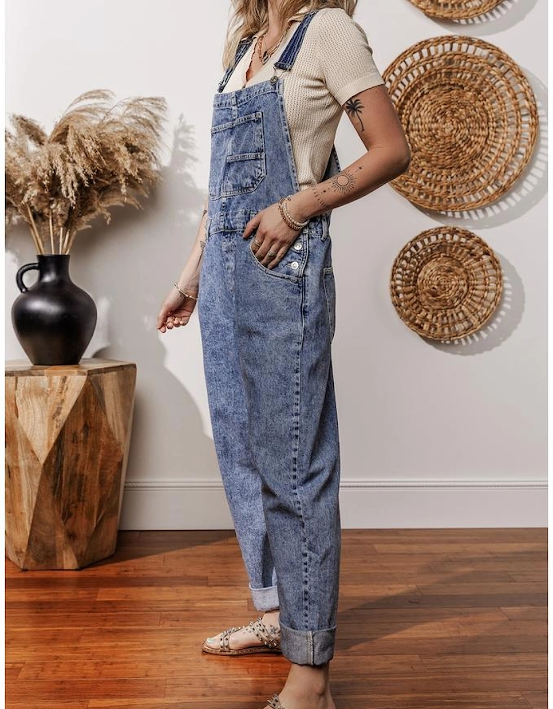 Sail Blue Denim Bib Straight Leg Jumpsuit with Pockets